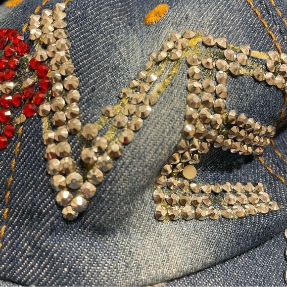Magid Rhinestone Distressed Denim Love Ball Cap Hat Red and Silver Rhinestones - Picture 7 of 10